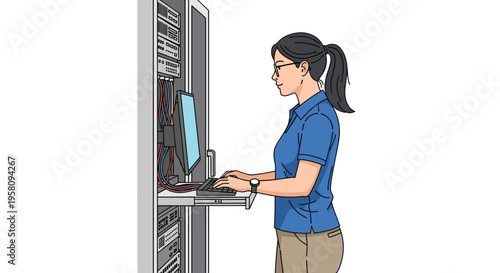 A woman with glasses and a ponytail works at a pull-out keyboard and monitor integrated into a server rack.