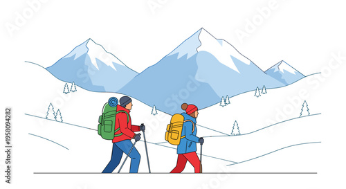 Two hikers with backpacks and trekking poles walk across a snowy landscape with distant snow-capped mountains.