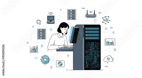 A woman works at a computer console integrated into a large server rack, surrounded by data and network icons.