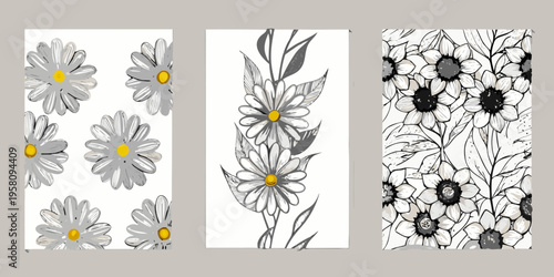 Three botanical prints featuring floral designs in grayscale and yellow accents