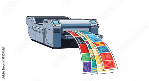 A large format printer outputs a continuous fanned stream of colorful, patterned sheets onto a white background.
