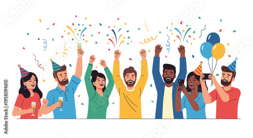 A diverse group of eight people celebrates joyfully with falling confetti, party hats, drinks, and balloons.