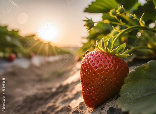 Erdbeerfeld am Morgen - Erdbeere Nahaufnahme