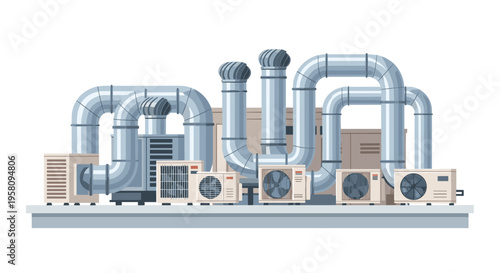 A rooftop HVAC system with multiple large ventilation ducts, cylindrical vents, and air conditioning units rests on a light grey roof against a white background.