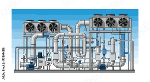 A large, intricate industrial cooling system with numerous interconnected pipes, valves, pumps, and four cooling units stands against a clear blue sky.