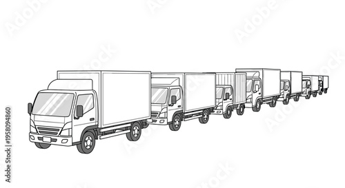 A long, receding line of identical white box trucks is depicted in a monochrome outline style against a stark white background.
