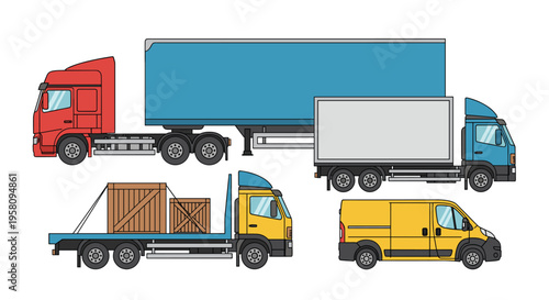 Four distinct commercial vehicles, including a red semi-truck, a blue box truck, a yellow flatbed, and a yellow cargo van, are arranged on a white background.