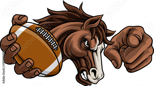 Horse mustang bronco stallion American football angry sports team mascot holding a ball.