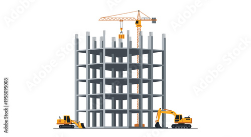 A single partially constructed grey building frame with exposed rebar is being built by one large yellow tower crane and two excavators.