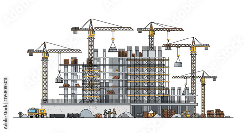 An expansive construction site features five yellow tower cranes, a large multi-story building with scaffolding, numerous workers, and piles of materials.