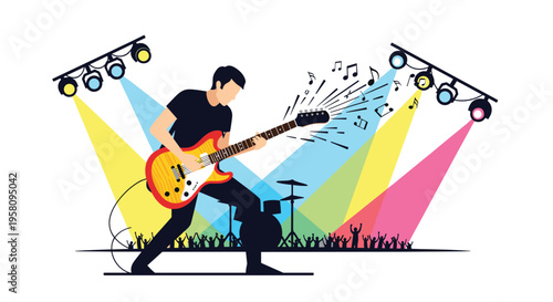A male guitarist energetically plays a yellow electric guitar on a stage, surrounded by colorful spotlights, with musical notes emanating and a cheering crowd.