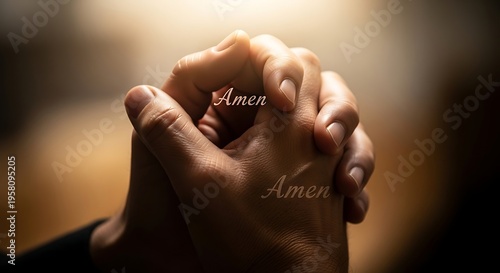 Close up of praying hands illuminated with amen in spiritual gesture