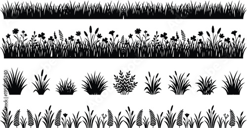 Grass silhouettes border set wild plants nature decorative vector illustration