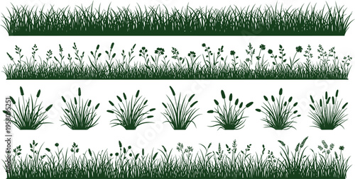 Green grass borders and plants set seamless nature decorative design