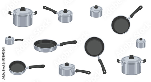 Eleven gray and silver kitchen pots and frying pans are dynamically scattered across a clean white background.