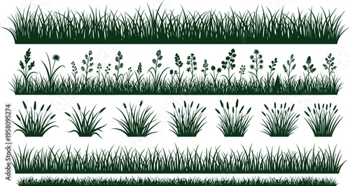 Seamless green grass borders and plants set decorative nature illustration