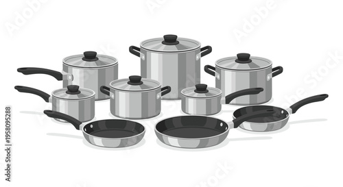 A comprehensive set of nine gray and silver kitchen pots and frying pans is meticulously arranged on a clean white background.