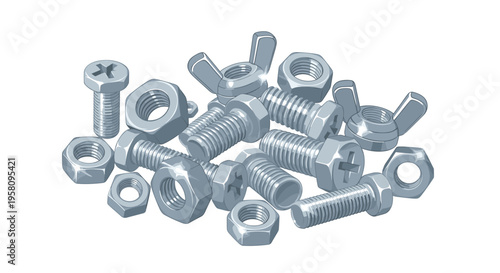 A dense pile of twenty-three silver metal fasteners, including bolts, nuts, and wing nuts, is mounded centrally on a white background.