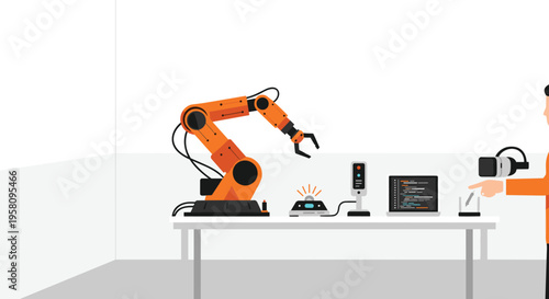 A person wearing a VR headset interacts with an orange robotic arm and various electronic devices on a white table.