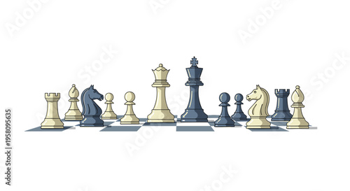 A full set of white and black chess pieces are lined up on a simplified chessboard on a white background.