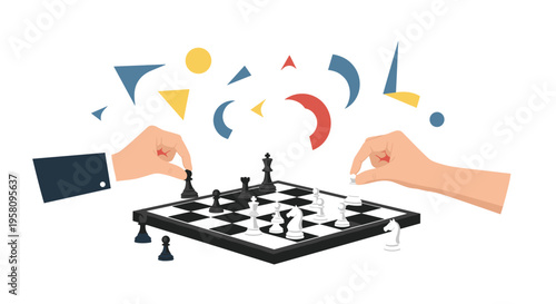 Two hands are playing a game of chess on a board with abstract geometric shapes floating above on a white background.