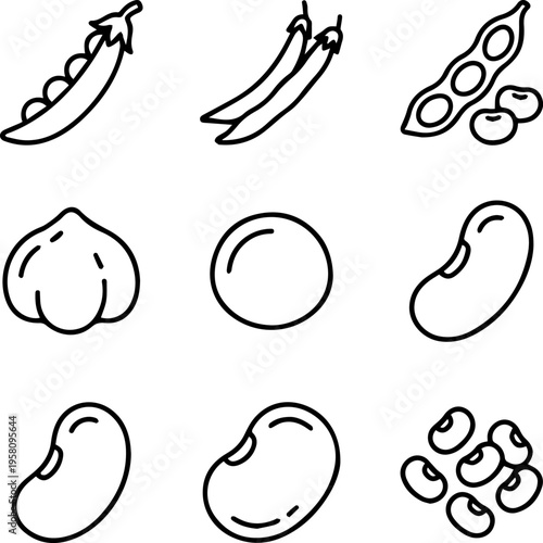 Set of line icons showing a variety of beans and peas including pea pods soybeans and lima beans for a plant based protein resource