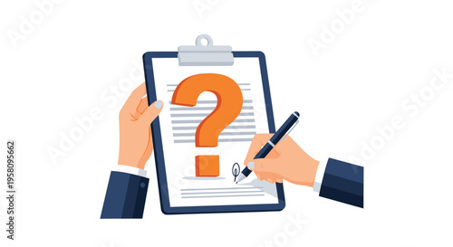 Two hands are holding a clipboard with an orange question mark and one hand is signing a document with a pen.