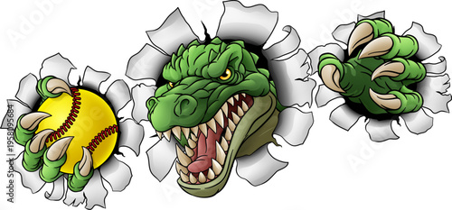 An alligator, crocodile or dinosaur softball or baseball animal sports mascot holding a ball in his claw