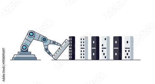 A robotic arm is pushing over the first domino in a line, initiating a chain reaction on a white background.
