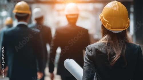 Construction team collaborating on project urban site professional image business environment group viewpoint teamwork concept