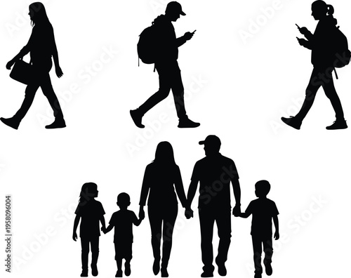 Silhouette people walking, family together, parenting concept, mobile phone distraction, modern lifestyle, unity bonding, vector illustration, caring parents, children connection, urban life