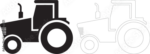 Black tractor silhouette and outline on white background