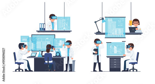 Scientists in lab coats are actively engaging with virtual reality architectural designs across four distinct scenarios.