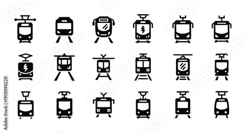 Streetcar vector icon collection featuring various electric tram designs and urban rail transport symbols city passenger transit silhouettes for metropolitan public infrastructure mapping graphics