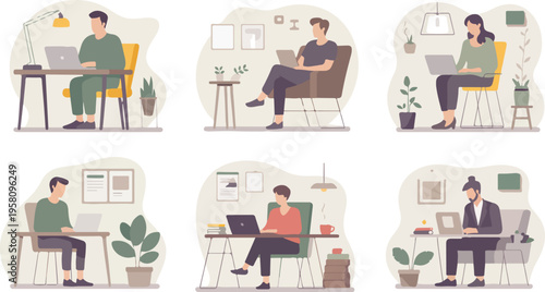 Modern remote work and study scenes with laptops home office furniture plants productivity comfort vector design illustration