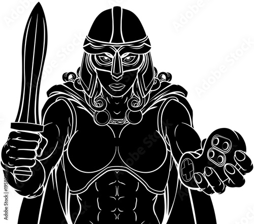 A female Viking, Trojan Spartan or Celtic warrior woman gladiator knight gamer mascot with video games controller