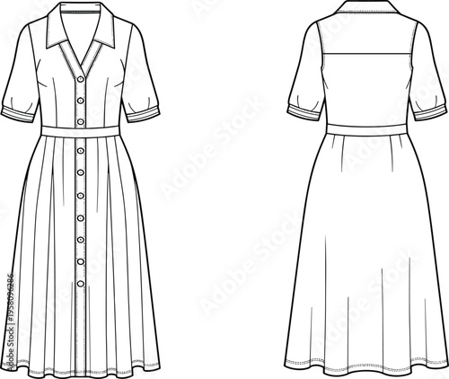 Technical fashion illustration of a women's midi shirt dress featuring a classic collar, button front closure, short sleeves, and flared skirt