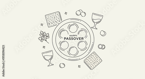 Passover Seder Plate Illustration, Traditional Food, Minimalist Style, Top View, Holiday Download Concept