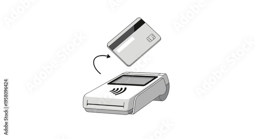 A credit card is shown tapping above a payment terminal with an arrow indicating contactless action.