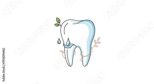 A stylized white tooth is adorned with green leaves, brown vines, and falling water droplets.