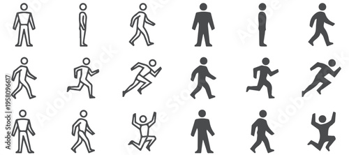  Running, walking, and standing person silhouette vector icons set, black stick figure pictograms representing human movement and activity positions 