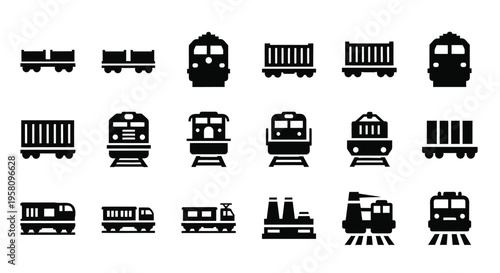 Set of various train icons, vector collection of locomotives, freight cars, and passenger rail vehicles for different transportation and industrial design concepts