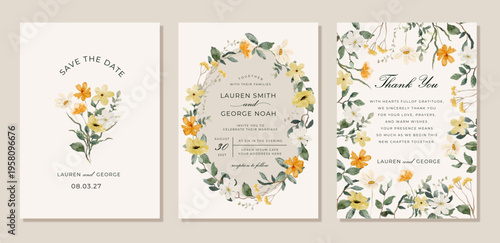 wedding invitation set with yellow white watercolor floral frame