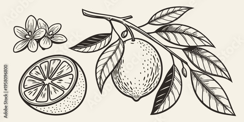 Vintage botanical illustration of a lemon branch with fruit and slice