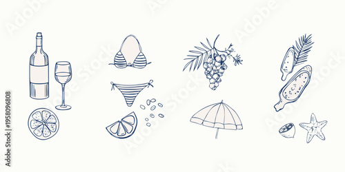 Summer essentials wine swimwear fruit and beach accessories sketched in blue