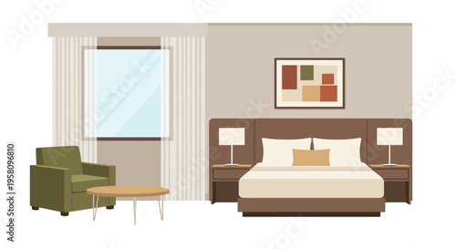 A hotel room interior features a queen-sized bed, an armchair, a small round table, and a window with white curtains.