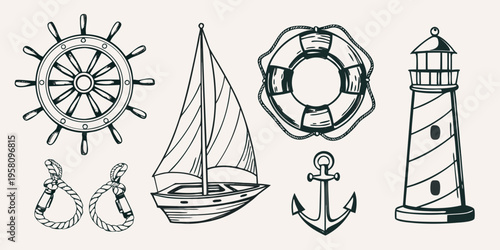 Nautical themed sketch featuring a ship s wheel sailboat lighthouse and anchor