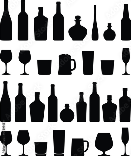 A collection of various black silhouettes representing different beverage containers and glassware