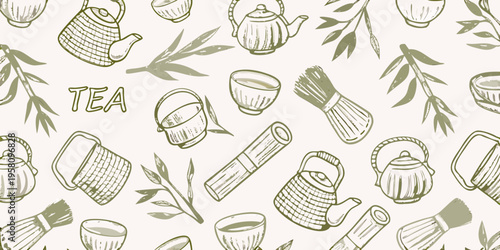 Seamless pattern with teapots cups and tea leaves in sketch style
