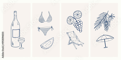 Summer themed line art illustrations featuring beach and leisure objects